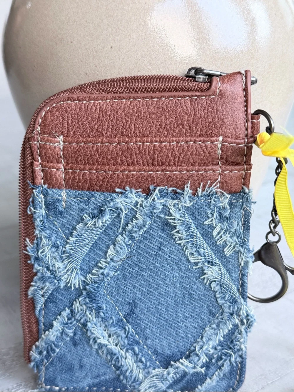 Wrangler Denim Patchwork Card Holder Wallet Keychain Coin Purse Brown Blue NWT